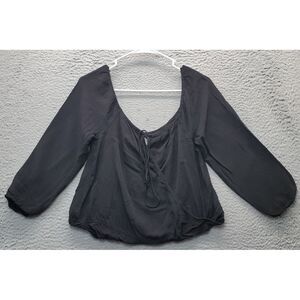 Tobi Blouse Top Women L Black Cropped Balloon Sleeve Off the Shoulder Tie Detail